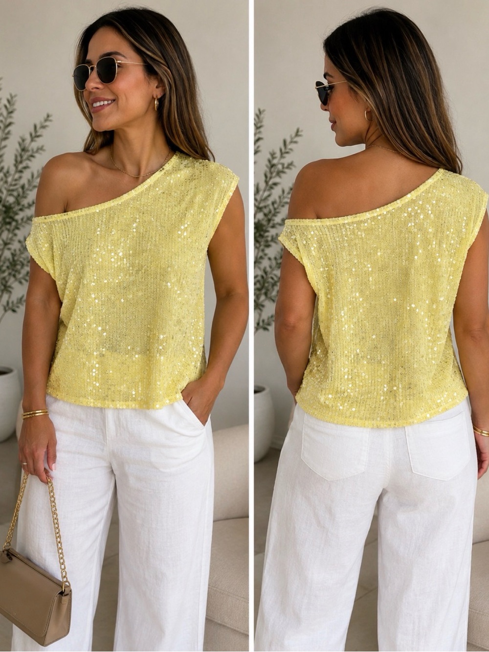 Yellow Sequin One-Shoulder Top – Size XXL – New With Tags